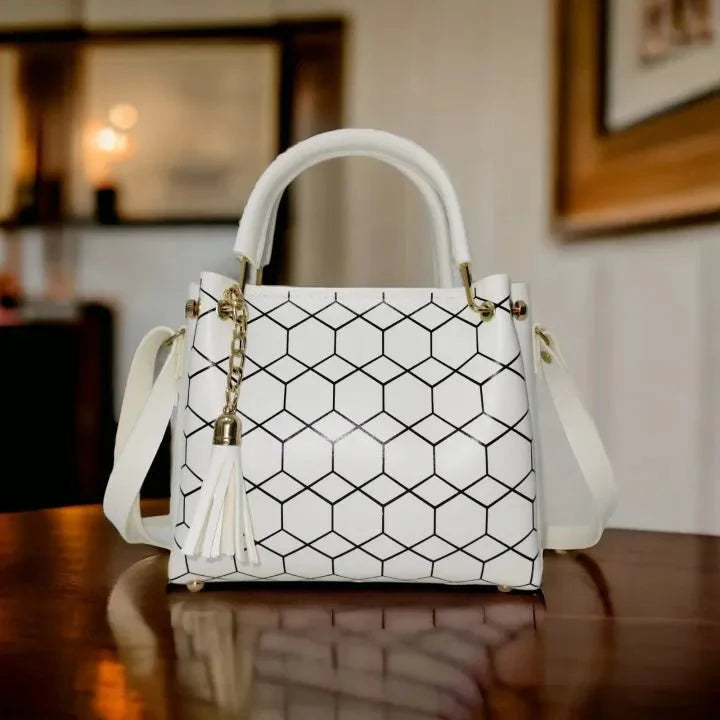 Stylish Geometric Pattern Handbag with Metal Handle - Purse Paradise