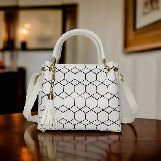 Stylish Geometric Pattern Handbag with Metal Handle - Purse Paradise